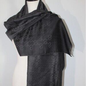 NWT GUCCI Black Jacquard GG Wool Silk Scarf Unisex